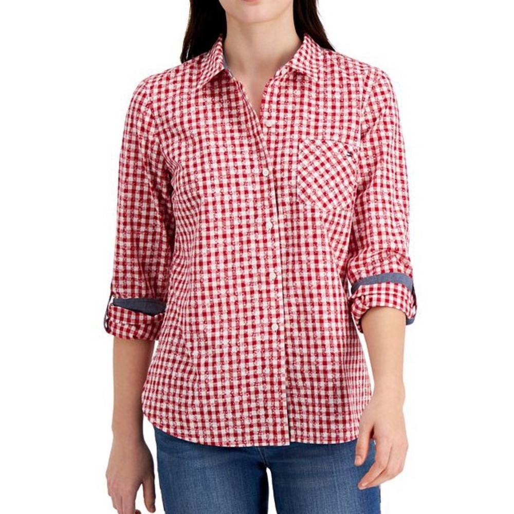 Tommy Hilfiger Red & White Checkered Longsleeved Ditsy Floral Button-up Blouse S